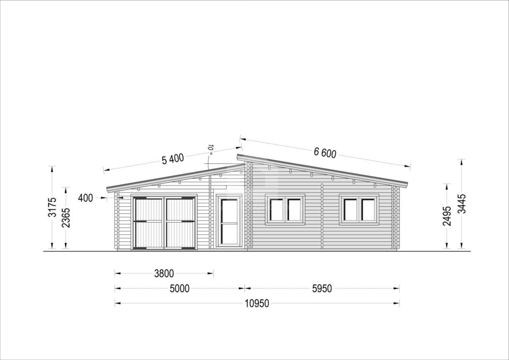 Drevená chata BERTA s plochou strechou (44+44 mm), 72 m² s terasou + 20 m² garáž