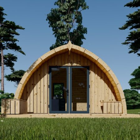 Drevený kempingový domček Breta NEW je originálny a cenovo veľmi dostupný kempingový modul s veľkou spoločenskou miestnosťou